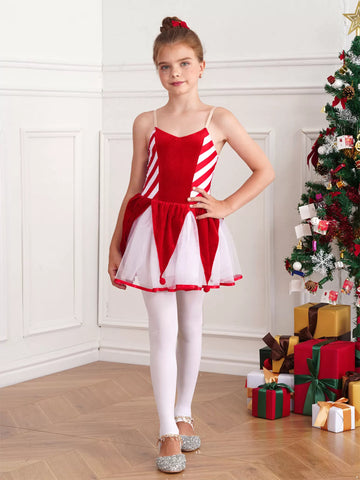 Kids Girls Christmas Sleeveless Stripe Mesh Tutu Dress