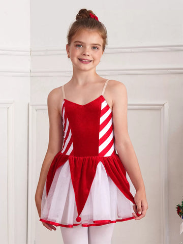 Kids Girls Christmas Sleeveless Stripe Mesh Tutu Dress