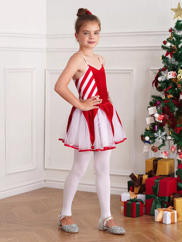 Kids Girls Christmas Sleeveless Stripe Mesh Tutu Dress