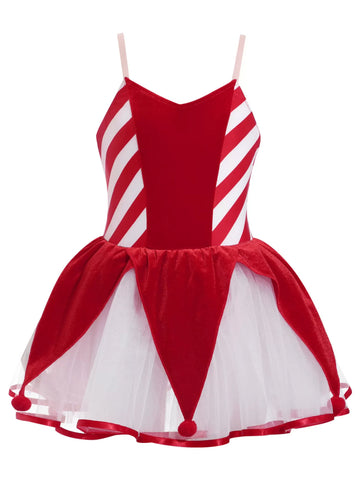 Kids Girls Christmas Sleeveless Stripe Mesh Tutu Dress