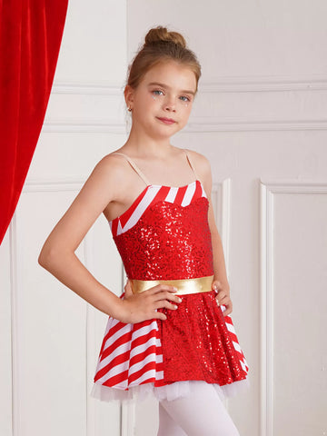 Kids Girls Christmas Sleeveless Striped Sequin Tutu Dress