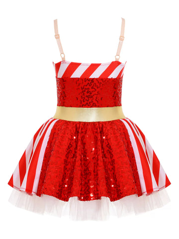 Kids Girls Christmas Sleeveless Striped Sequin Tutu Dress