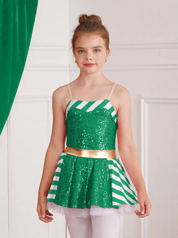 Kids Girls Christmas Sleeveless Striped Sequin Tutu Dress