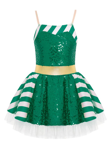 Kids Girls Christmas Sleeveless Striped Sequin Tutu Dress