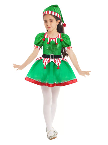 Kids Girls Christmas Short Sleeve Sequins Dress with Hat Elf Costume