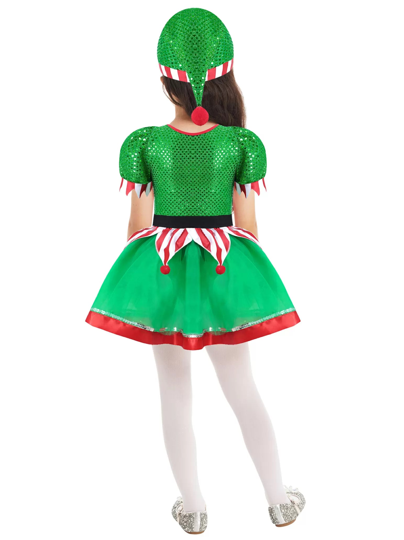 Kids Girls Christmas Short Sleeve Sequins Dress with Hat Elf Costume