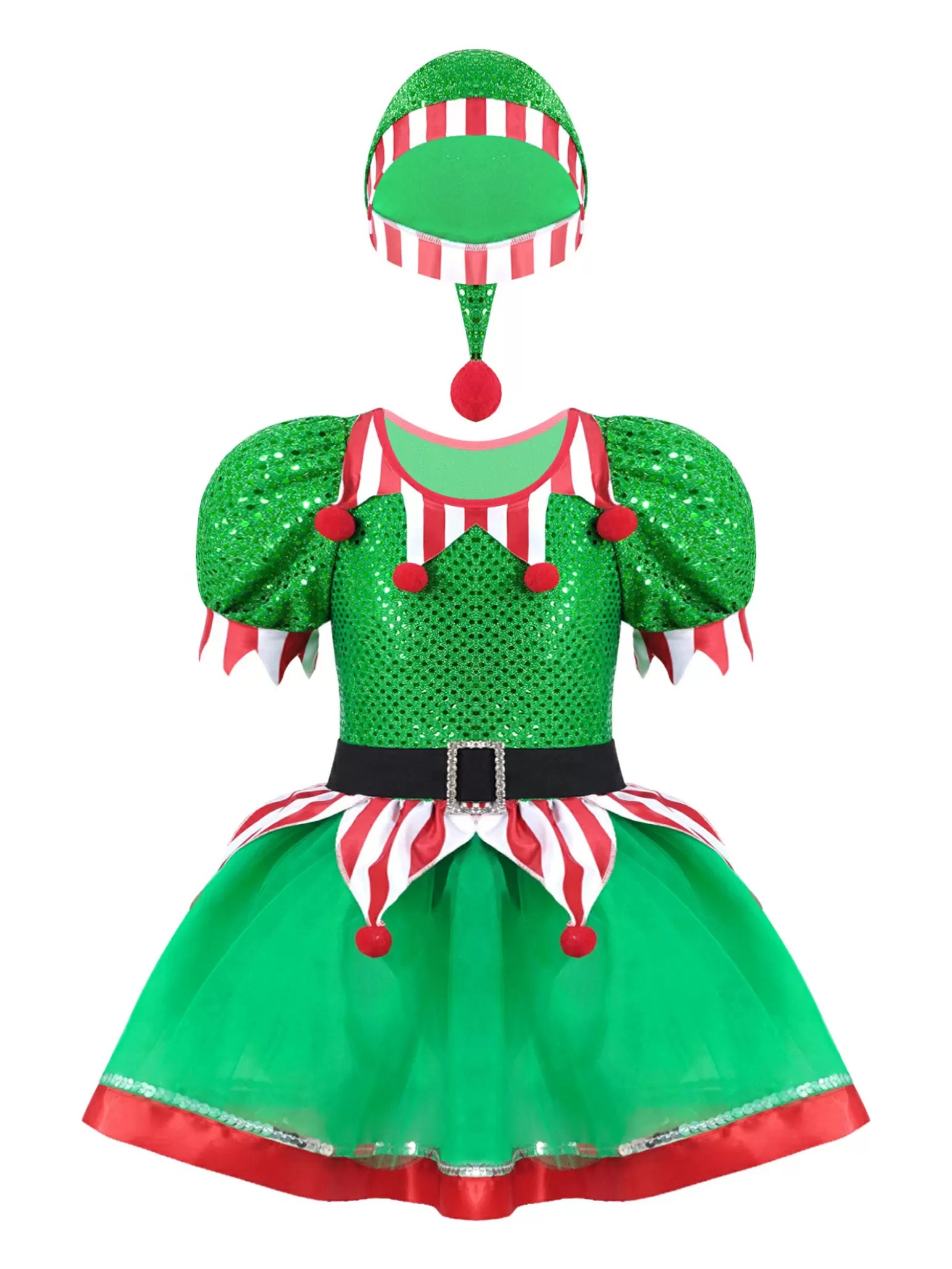 Kids Girls Christmas Short Sleeve Sequins Dress with Hat Elf Costume