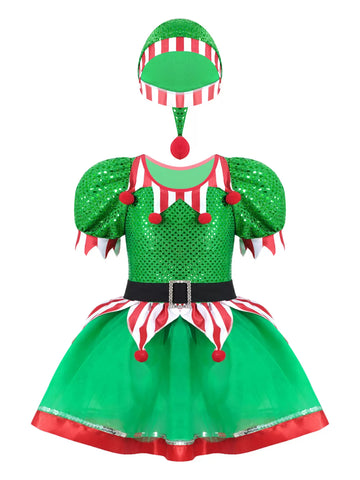 Kids Girls Christmas Short Sleeve Sequins Dress with Hat Elf Costume