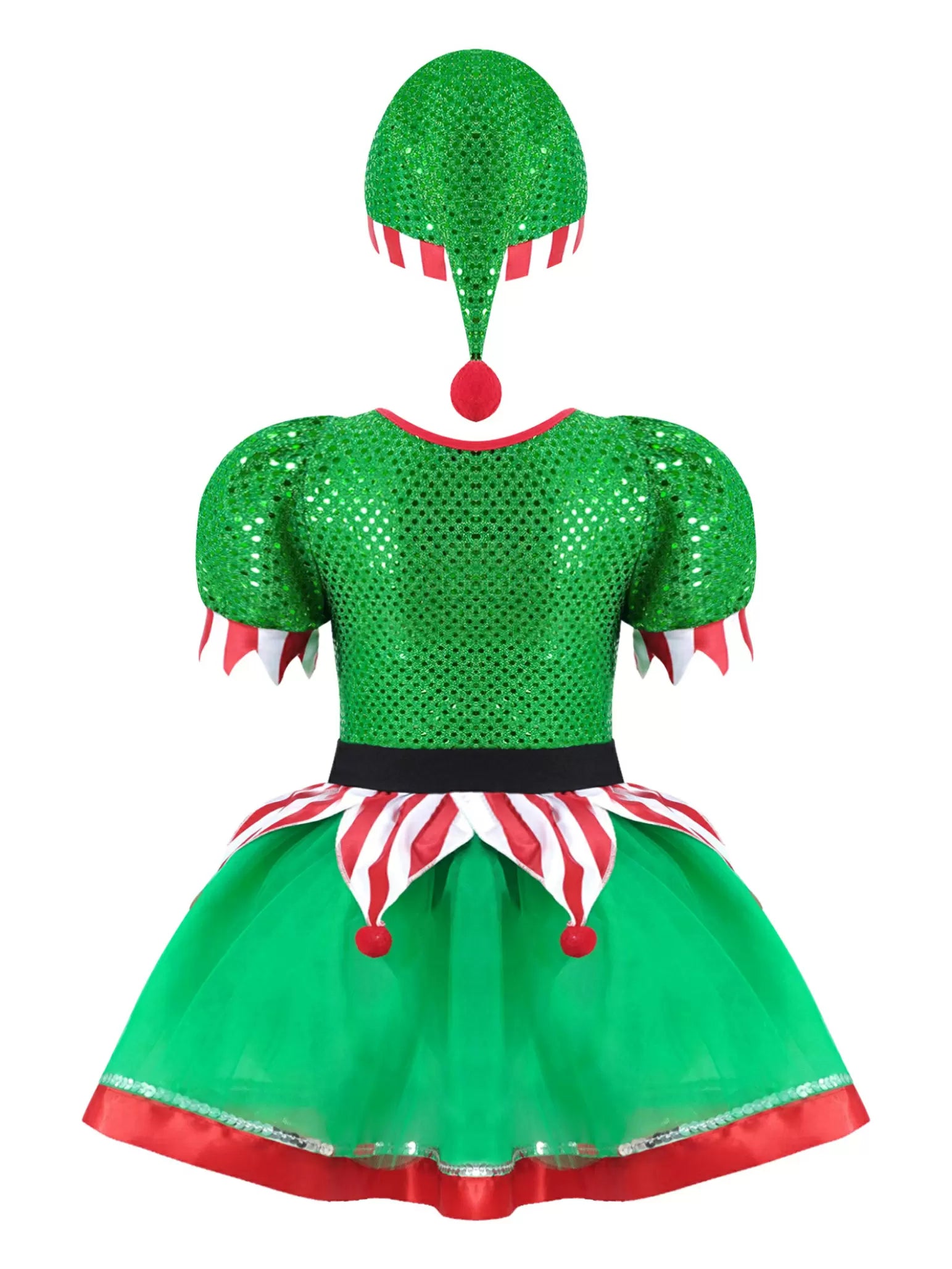 Kids Girls Christmas Short Sleeve Sequins Dress with Hat Elf Costume