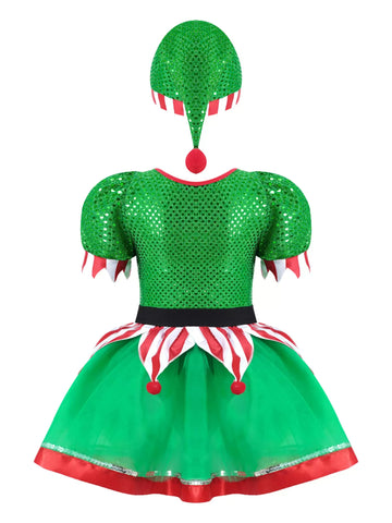 Kids Girls Christmas Short Sleeve Sequins Dress with Hat Elf Costume