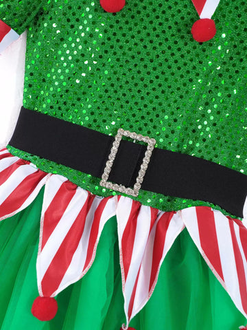 Kids Girls Christmas Short Sleeve Sequins Dress with Hat Elf Costume