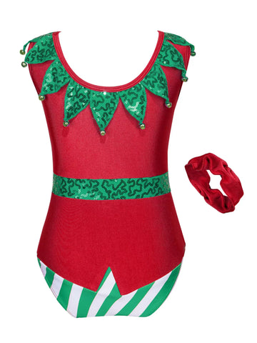 Kids Girls Christmas Sleeveless Sequins Pompoms Leotard with Headband