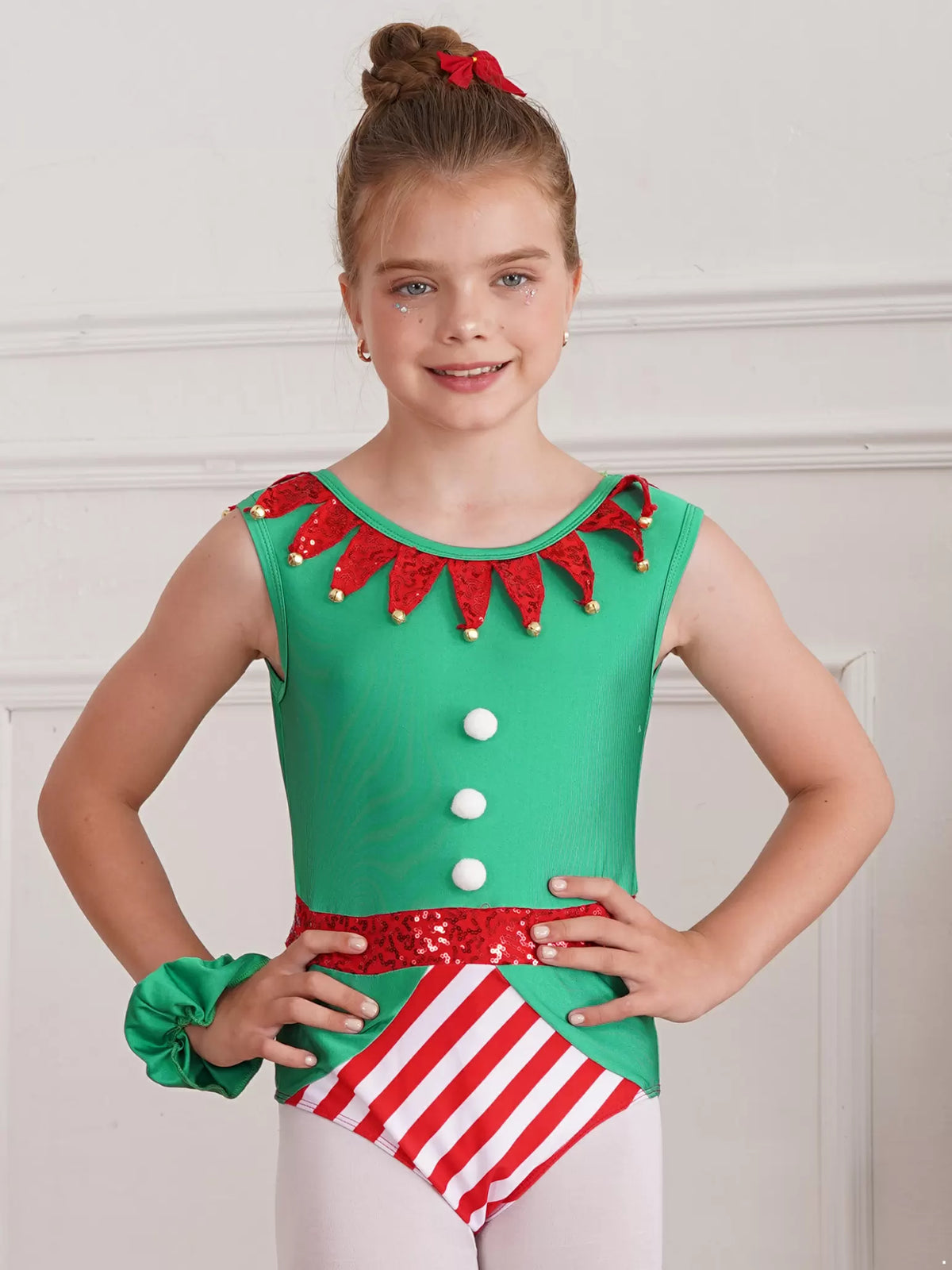 Kids Girls Christmas Sleeveless Sequins Pompoms Leotard with Headband