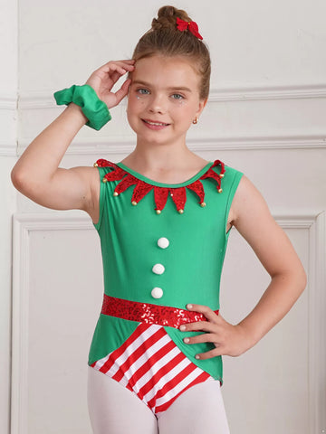 Kids Girls Christmas Sleeveless Sequins Pompoms Leotard with Headband