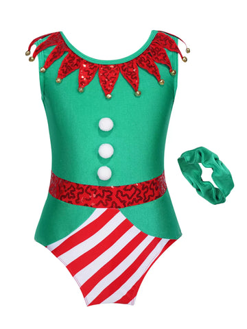 Kids Girls Christmas Sleeveless Sequins Pompoms Leotard with Headband