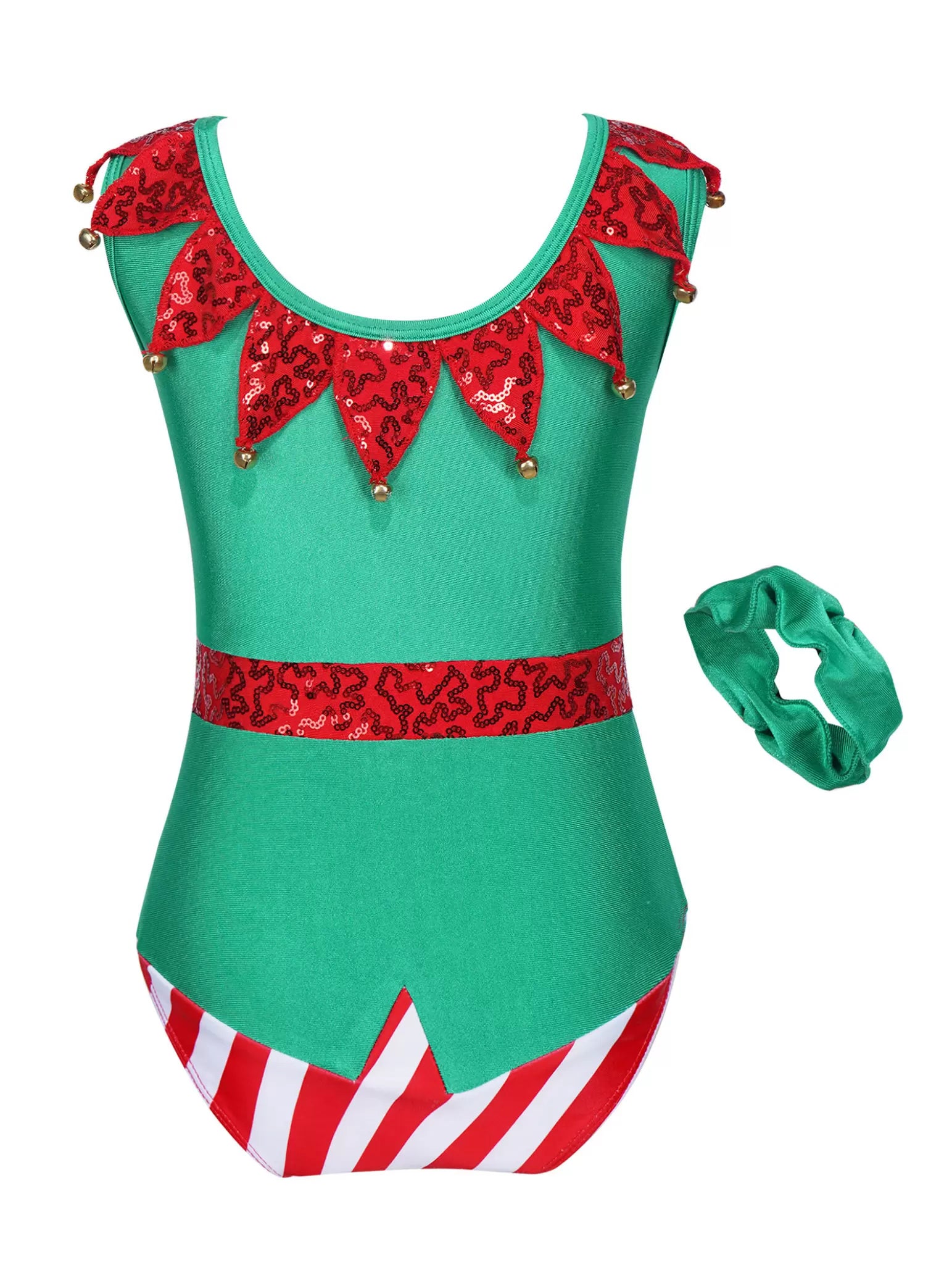 Kids Girls Christmas Sleeveless Sequins Pompoms Leotard with Headband