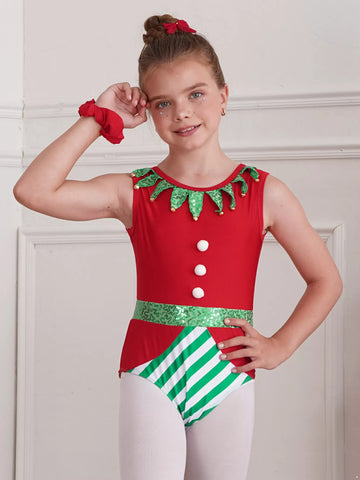 Kids Girls Christmas Sleeveless Sequins Pompoms Leotard with Headband