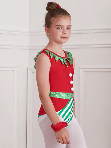 Kids Girls Christmas Sleeveless Sequins Pompoms Leotard with Headband