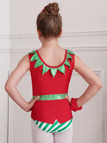 Kids Girls Christmas Sleeveless Sequins Pompoms Leotard with Headband