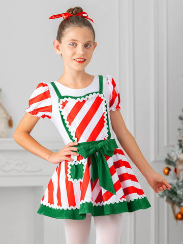 Kids Girls Christmas Short Sleeve Stripe Bowknot Dress