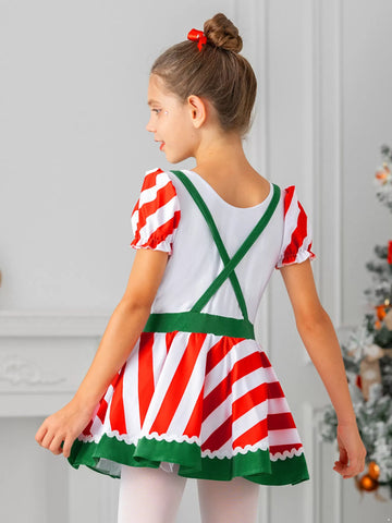 Kids Girls Christmas Short Sleeve Stripe Bowknot Dress