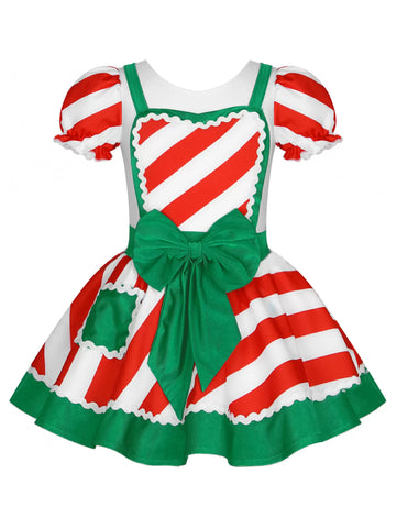 Kids Girls Christmas Short Sleeve Stripe Bowknot Dress