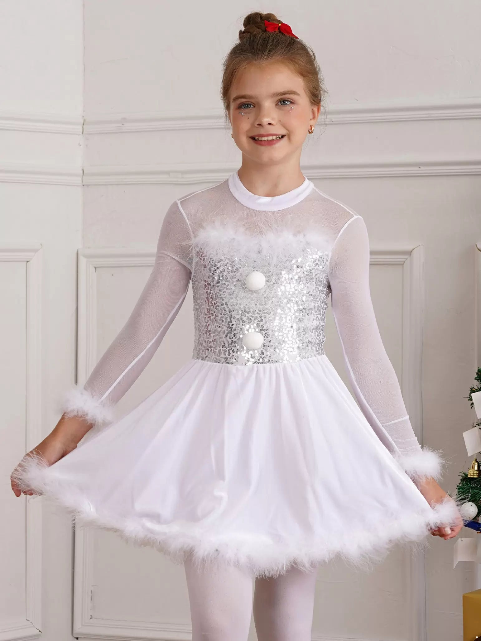 Kids Girls Christmas Long Sleeve Sequins Feather A-line Dress