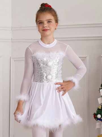 Kids Girls Christmas Long Sleeve Sequins Feather A-line Dress