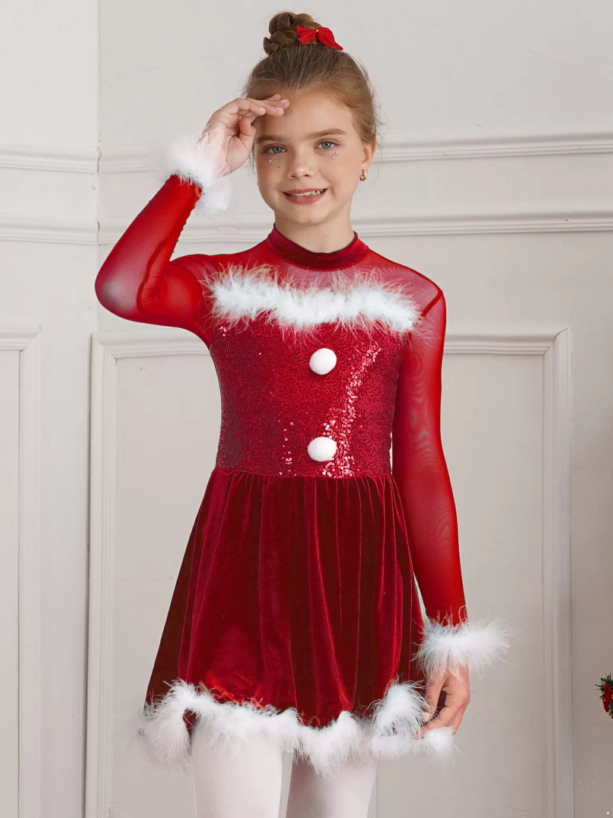 Kids Girls Christmas Long Sleeve Sequins Feather A-line Dress