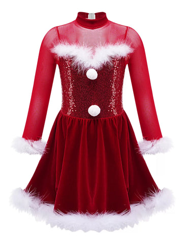 Kids Girls Christmas Long Sleeve Sequins Feather A-line Dress