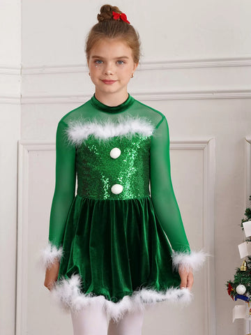 Kids Girls Christmas Long Sleeve Sequins Feather A-line Dress