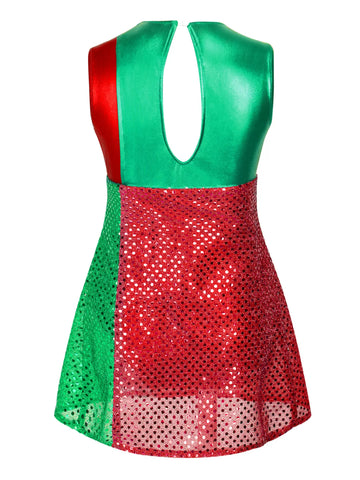 Kids Girls Christmas Sleeveless Sequins Bowknot Mini Leotard Dress