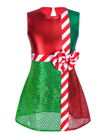 Kids Girls Christmas Sleeveless Sequins Bowknot Mini Leotard Dress