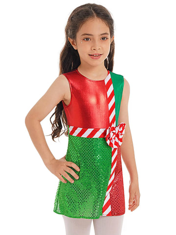 Kids Girls Christmas Sleeveless Sequins Bowknot Mini Leotard Dress