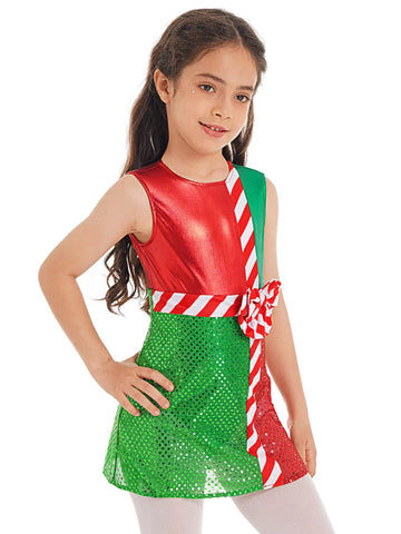 Kids Girls Christmas Sleeveless Sequins Bowknot Mini Leotard Dress