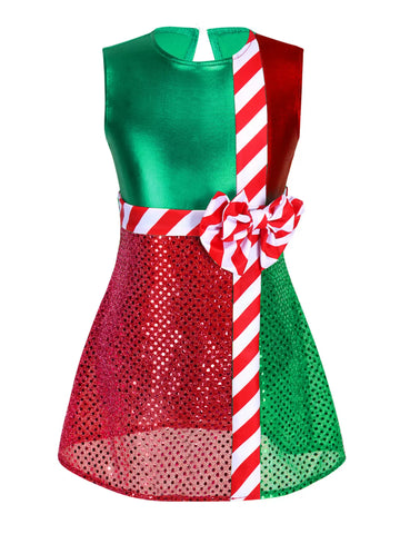 Kids Girls Christmas Sleeveless Sequins Bowknot Mini Leotard Dress