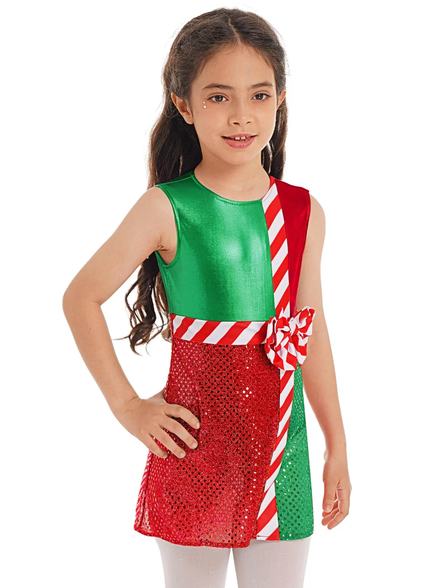 Kids Girls Christmas Sleeveless Sequins Bowknot Mini Leotard Dress