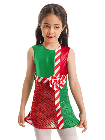 Kids Girls Christmas Sleeveless Sequins Bowknot Mini Leotard Dress