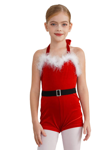 Kids Girls Christmas Sleeveless Halter Neck Velvet Romper with Belt