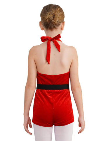 Kids Girls Christmas Sleeveless Halter Neck Velvet Romper with Belt