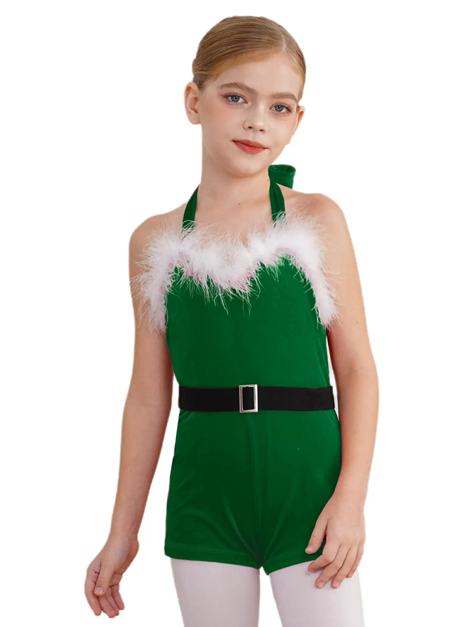 Kids Girls Christmas Sleeveless Halter Neck Velvet Romper with Belt