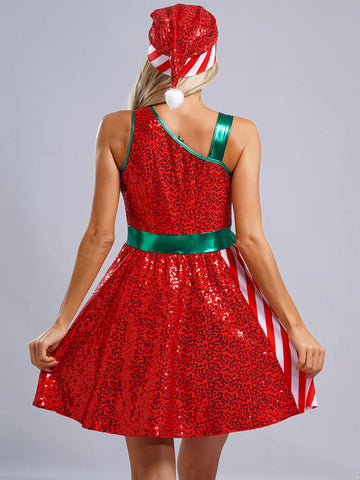 Women Christmas Sleeveless Sequins Stripes Dress with Santa Hat