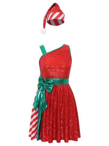 Women Christmas Sleeveless Sequins Stripes Dress with Santa Hat