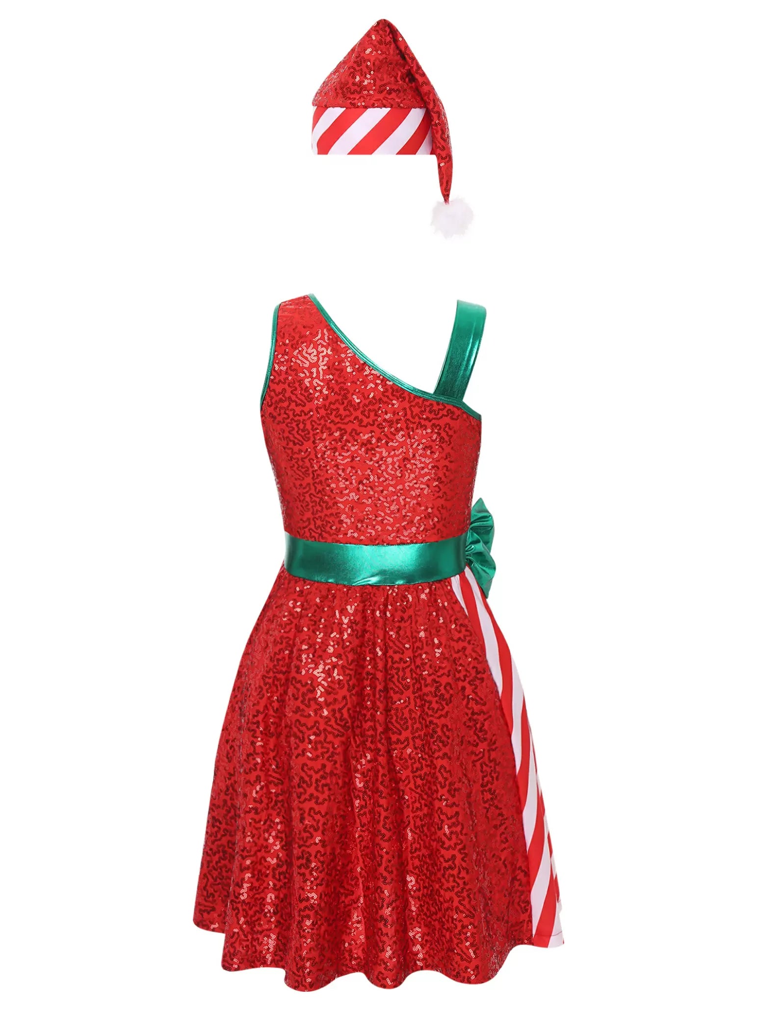 Women Christmas Sleeveless Sequins Stripes Dress with Santa Hat