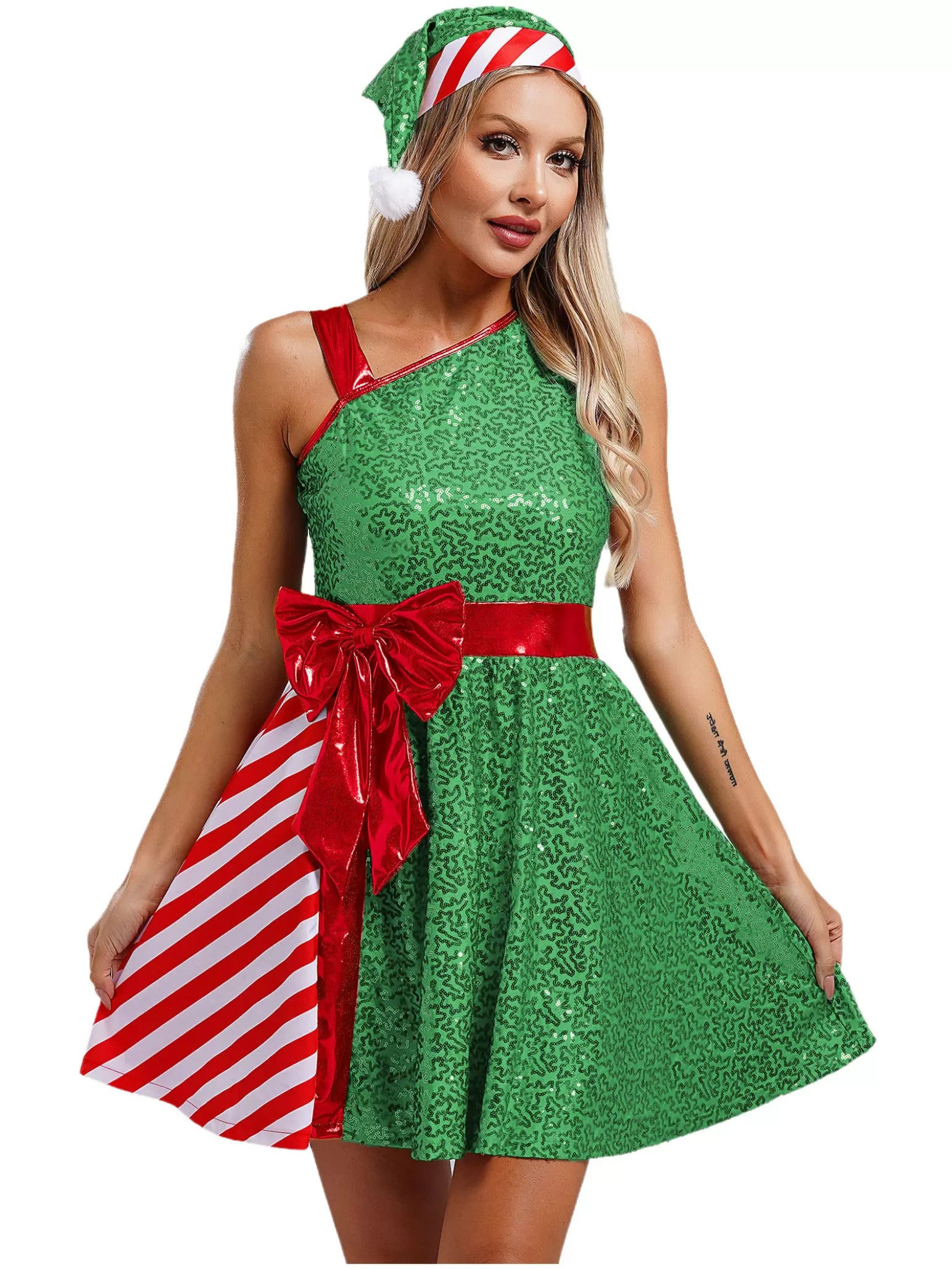 Women Christmas Sleeveless Sequins Stripes Dress with Santa Hat