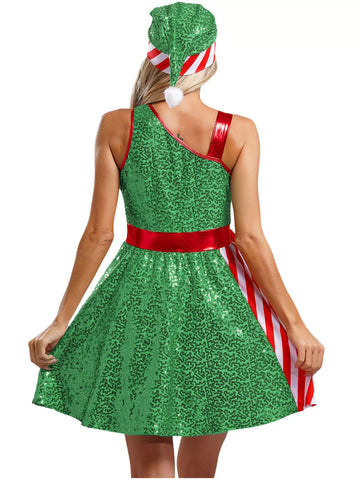 Women Christmas Sleeveless Sequins Stripes Dress with Santa Hat