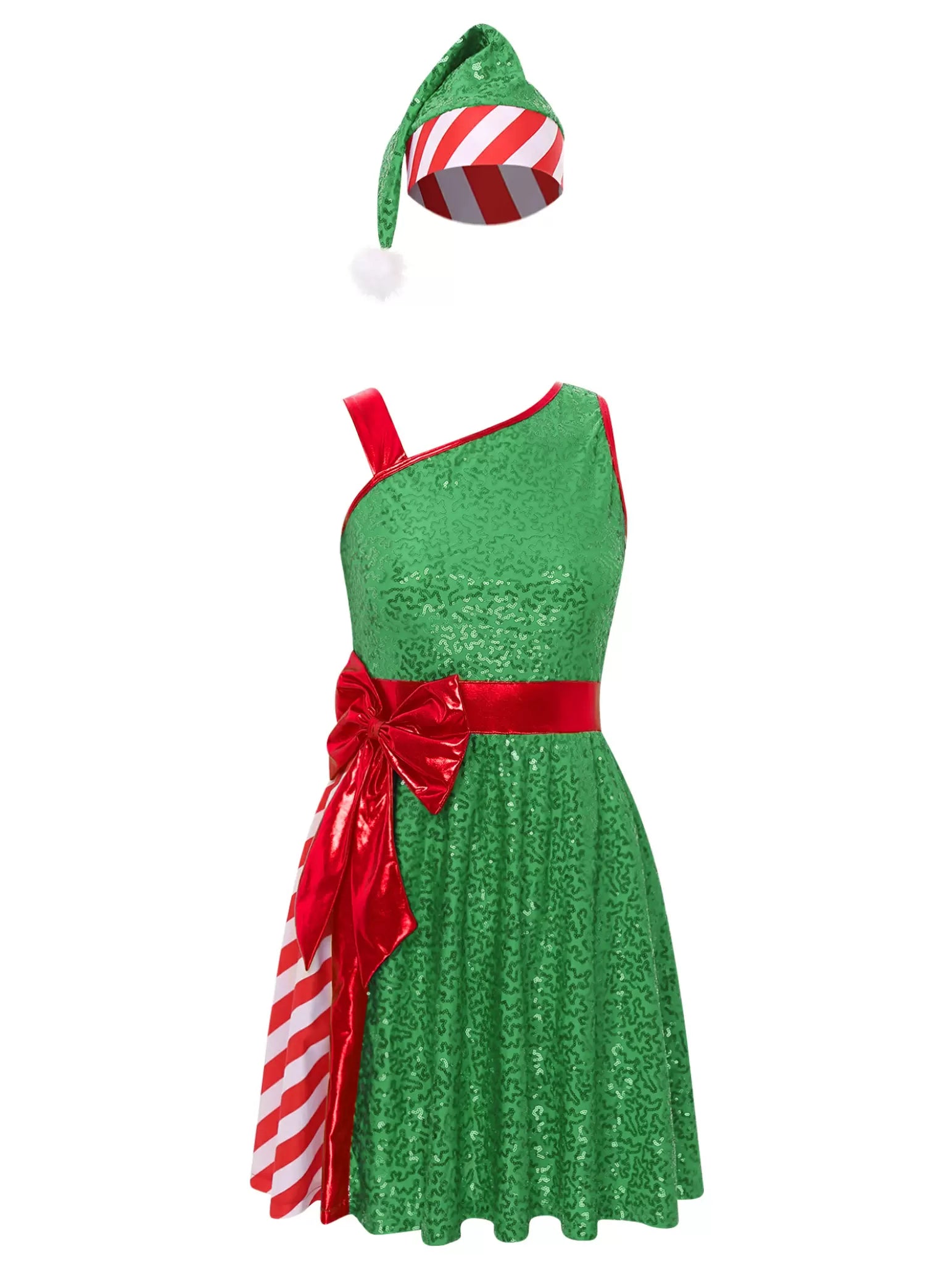 Women Christmas Sleeveless Sequins Stripes Dress with Santa Hat