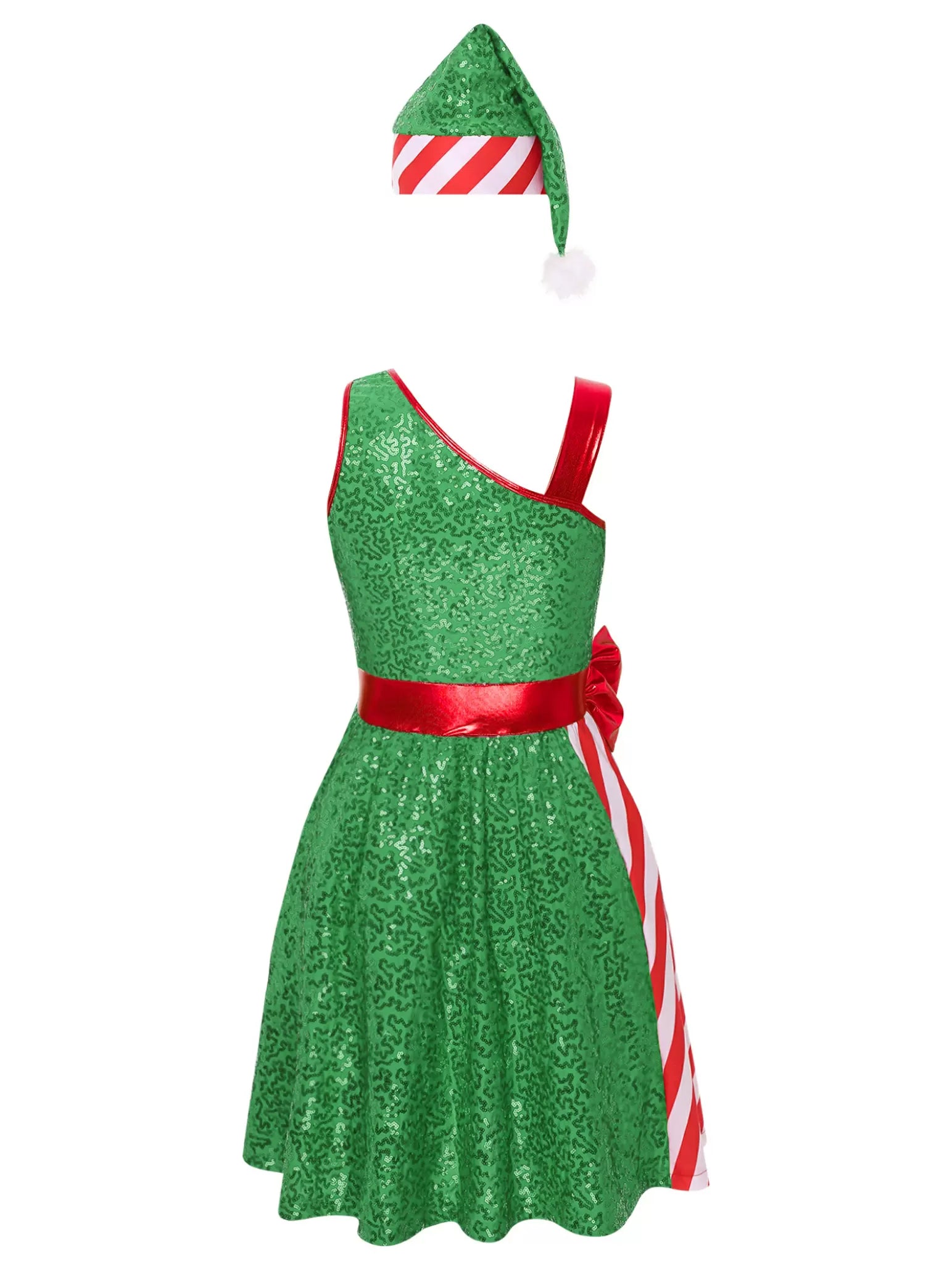 Women Christmas Sleeveless Sequins Stripes Dress with Santa Hat