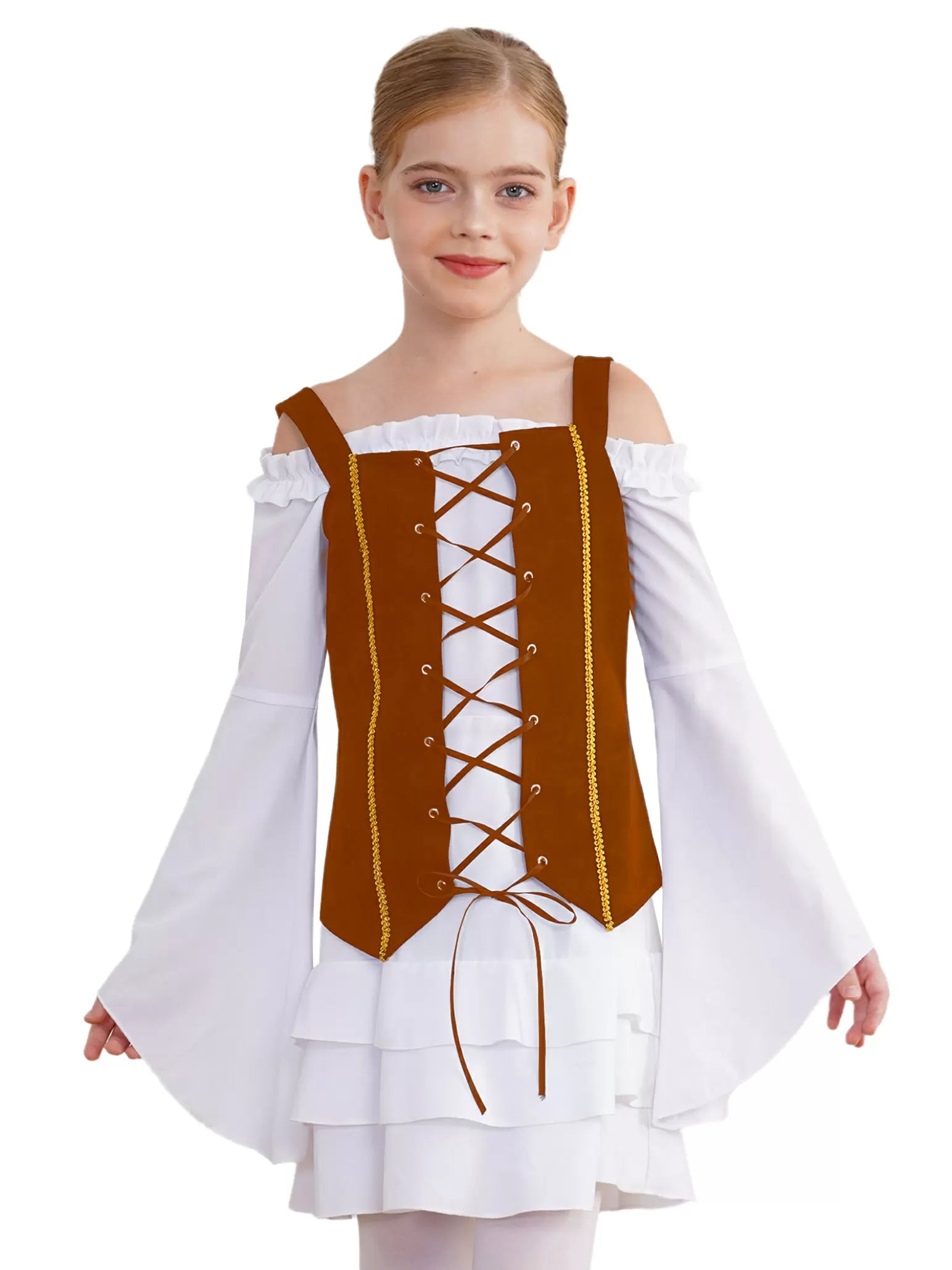 Kids Girls 2pcs Long Sleeve Ruffle Dress and Suede Vest Medieval Set