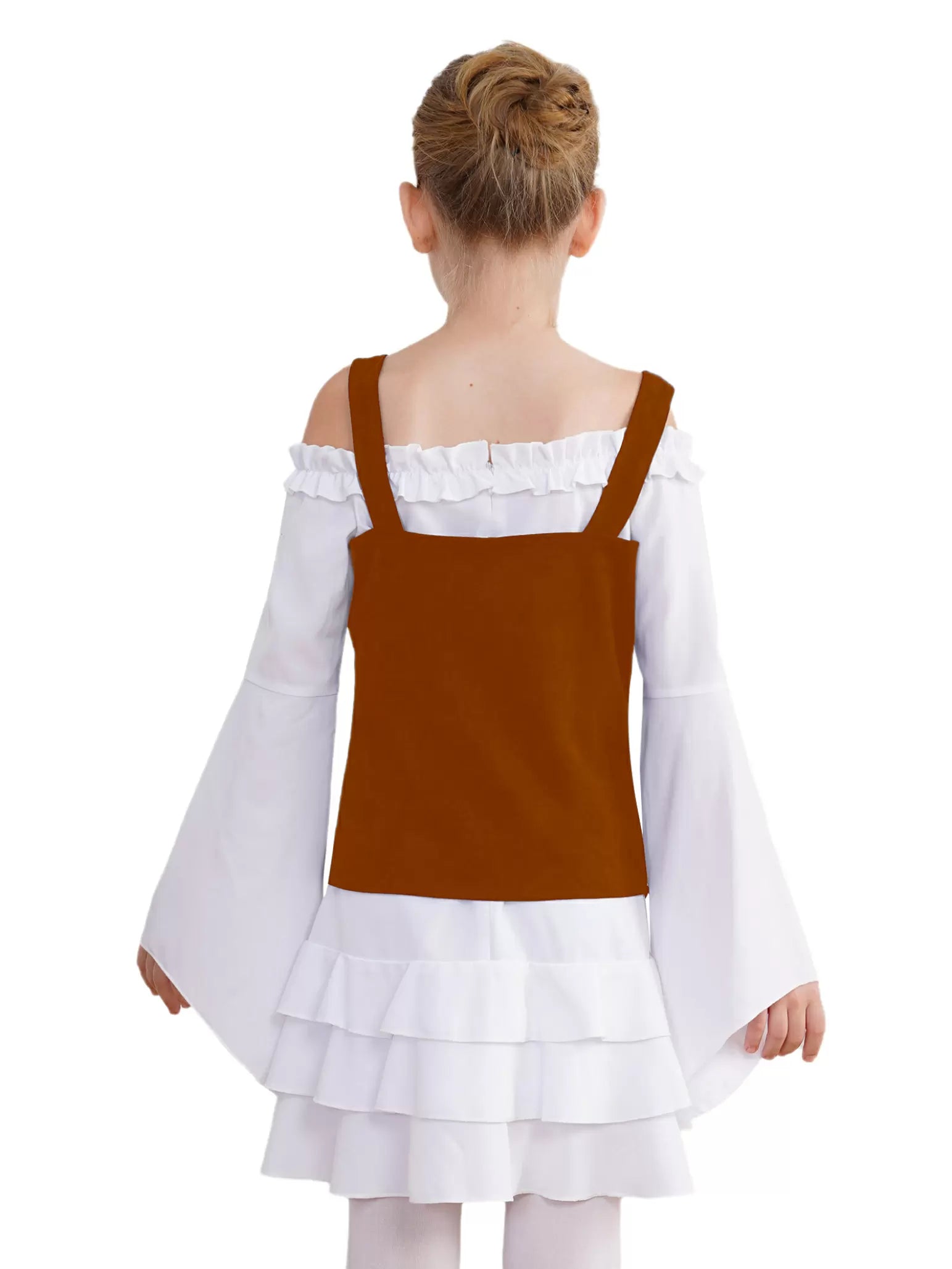 Kids Girls 2pcs Long Sleeve Ruffle Dress and Suede Vest Medieval Set